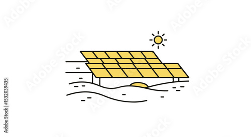 Solar panels and sun generating clean, sustainable energy.