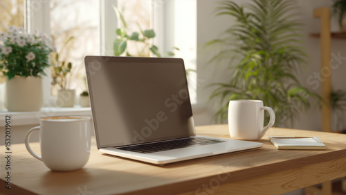 Wallpaper Mural Cozy workspace setup with coffee and plants Torontodigital.ca