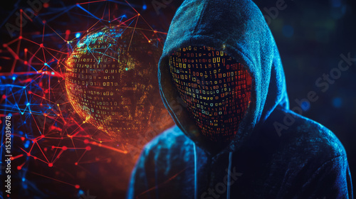 Hacker are planning to hack and attack networks and cyber security systems and stands on the peak of success amid tall, innovative Smart city and graphs with statistics to analyze business potential