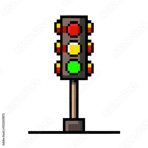 Pixel art representation of classic traffic lights in cartoonish style