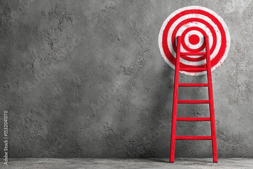 A red ladder leans against a large red and white target painted on a textured grey wall.  The scene evokes ambition and achieving goals