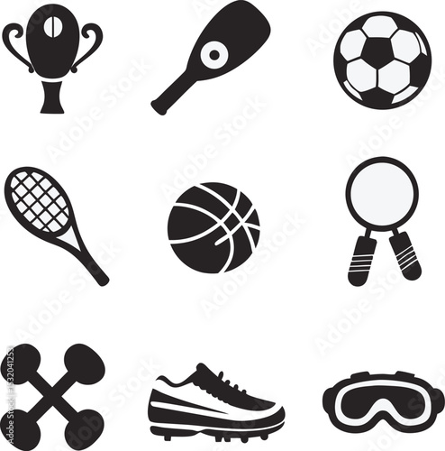 Black and white vector illustration featuring iconic sports equipment and fitness related icons suitable for graphic design projects