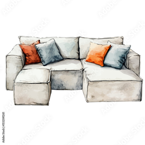 Sectional Sofa, watercolor vector, isolated on a white background.