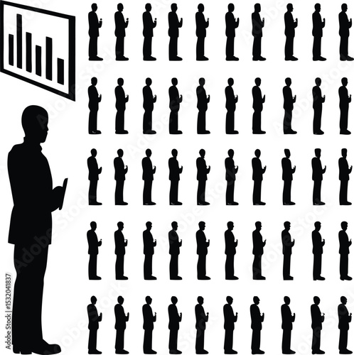 Business illustration featuring silhouetted men observing a declining graph symbolic of financial losses economic downturn or market decline concept