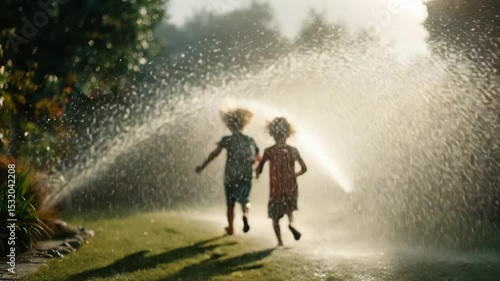 Two children running through water spray in sunny garden  