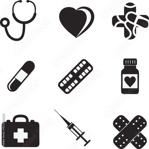 Medical healthcare and pharmacy icon set featuring a stethoscope, heart, pills, syringe, first aid kit, medical cross, and bandages in black and white