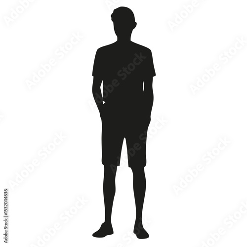 Silhouette of a man standing with hands in pockets wearing shorts and a t shirt in a simple vector art created with generated ai