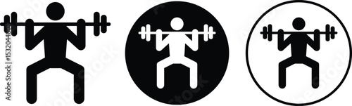 Weight lifting man flat icons set. Powerful fitness vectors of bodybuilder holding weights for gym Logo design. Strength training symbol. Powerlifter squatting and sport signs illustration collection.