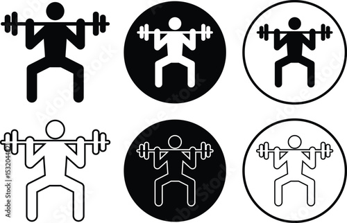 Weight lifting man flat, outline icons set. Powerful fitness vectors of bodybuilder holding weights for gym Logo designs. Strength training symbols. Powerlifter squatting and sport signs illustration.