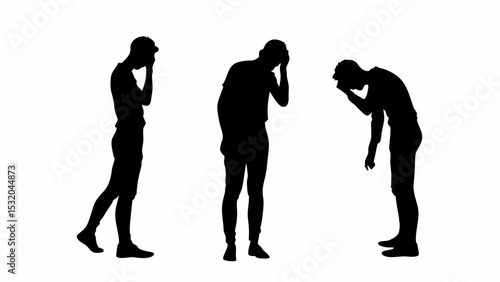 Three black silhouettes of men exhibiting signs of stress and emotional distress on white background created with generated ai