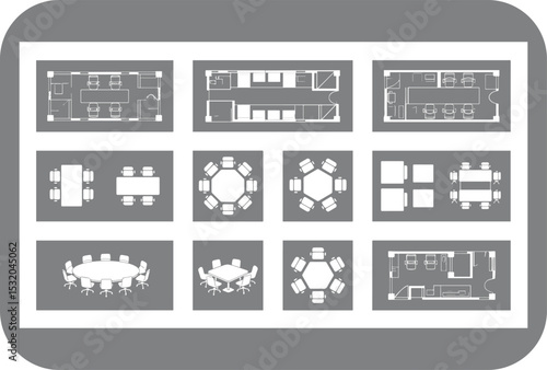 Collection of office room layouts and meeting table arrangements for workplace design