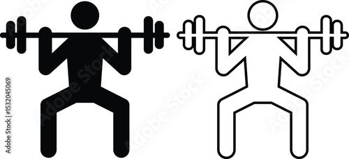 Weight lifting man flat, outline icons set. Powerful fitness vectors of bodybuilder holding weights for gym Logo designs. Strength training symbols. Powerlifter squatting and sport signs illustration.