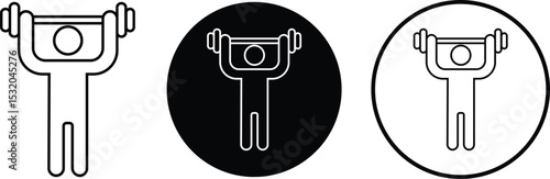 Weight lifting man outline icons set. Powerful fitness vectors of bodybuilder holding weight for gym Logo design. Strength training symbol. Powerlifter squatting, sport signs illustration collection.