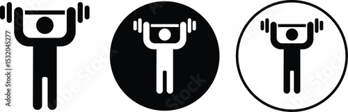 Weight lifting man flat icons set. Powerful fitness vectors of bodybuilder holding weights for gym Logo design. Strength training symbol. Powerlifter squatting and sport signs illustration collection.