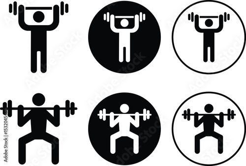 Weight lifting man flat icons set. Powerful fitness vectors of bodybuilder holding weights for gym Logo design. Strength training symbol. Powerlifter squatting and sport signs illustration collection.