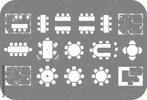 Collection of office floor plans and meeting room table layouts top view