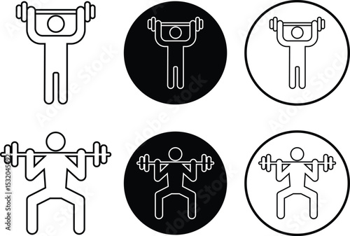 Weight lifting man outline icons set. Powerful fitness vectors of bodybuilder holding weight for gym Logo design. Strength training symbol. Powerlifter squatting, sport signs illustration collection.