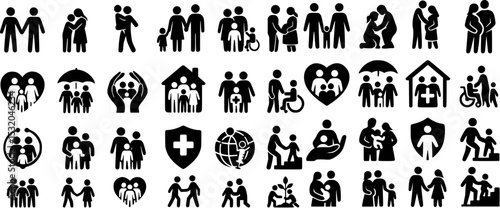 Set of Family and Healthcare Silhouette Icons – Parenting, Protection, Accessibility, and Care Concepts in Vector