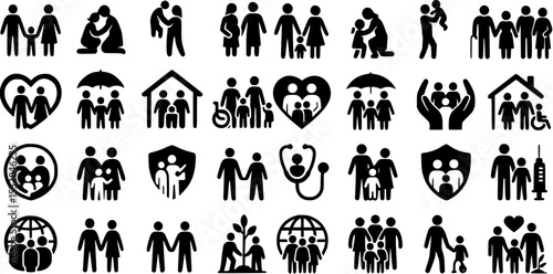 Black and White Family and Healthcare Silhouette Icons Collection