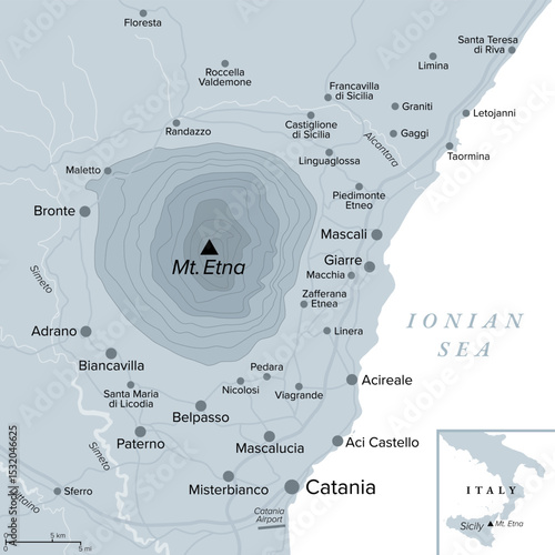 Mount Etna, gray political map. Etna, also called Mongibello, an active stratovolcano on east coast of Sicily, Italy, in the Metropolitan City of Catania. One of tallest active volcanoes in Europe.