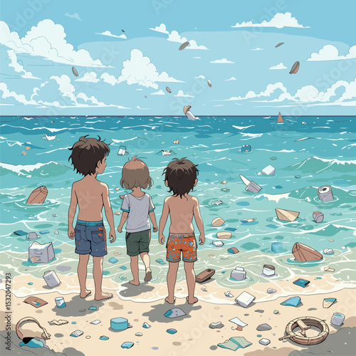 Children Witnessing Ocean Pollution: A Sad Illustration