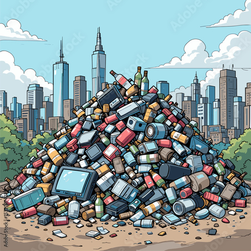 Urban Waste Mountain: A City's Overflowing Landfill in Cartoon Style