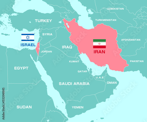 Middle East map illustration (Iran and Israel war) | Country names in English