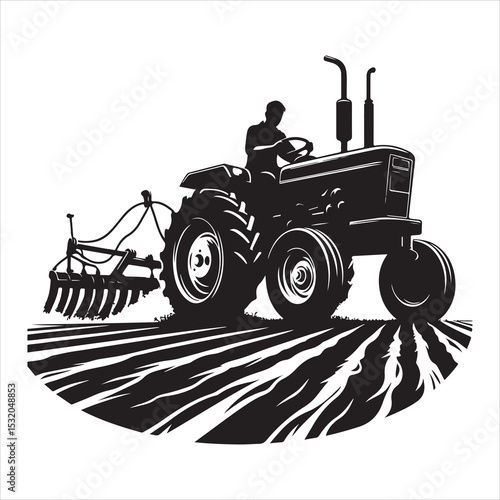 Plowing the Land Tractor Silhouette in Motion , black colour vactor  