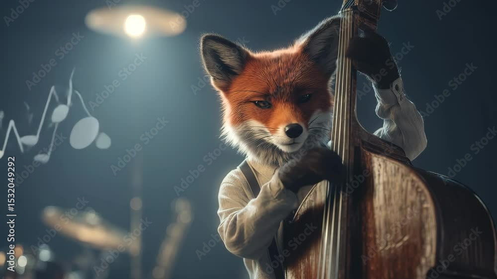 Charming fox jazz musician performing a smooth tune on a contrabass in a spotlight, perfect for animated music loop scenes or whimsical concert visuals.
