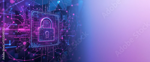 abstract cyber protection theme network style dark purple, pink, and blue gradient blending background on the left wall glass with digital 3d lock in the middle, shimmering, quince, negative clean spa