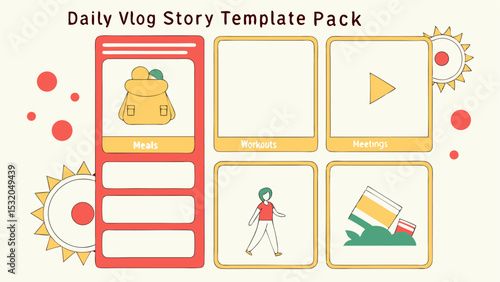 Daily vlog story template pack featuring meals workouts meetings and miscellaneous activities in a grid layout