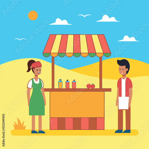 Happy vendors at a beachside food stand