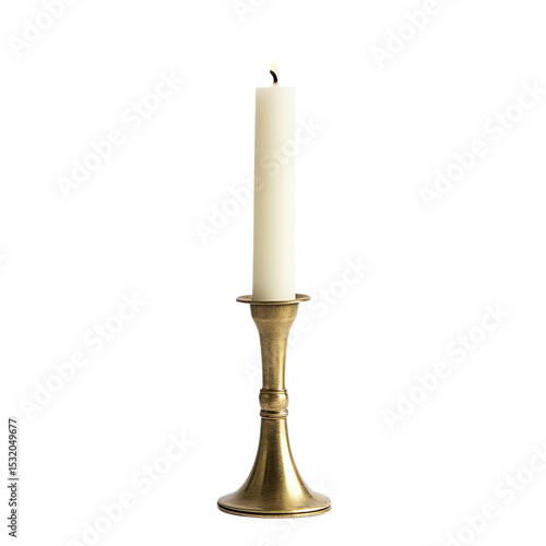 A simple brass candlestick with one lit white wax candle on top, isolated in the middle of an all-white background.