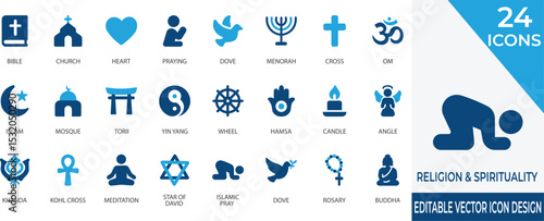 A comprehensive collection of religious and spiritual solid icons representing diverse faiths and beliefs. Ideal for projects centered on spirituality, worship, and cultural traditions.