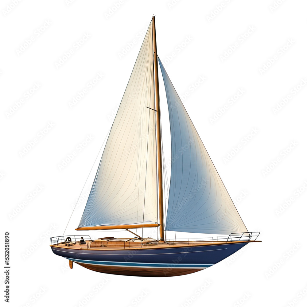 Fototapeta premium A simple clipart illustration of the side profile view of an old sailboat with white sails, on a plain background.