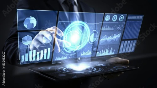 Businessman interacting with holographic tablet interface