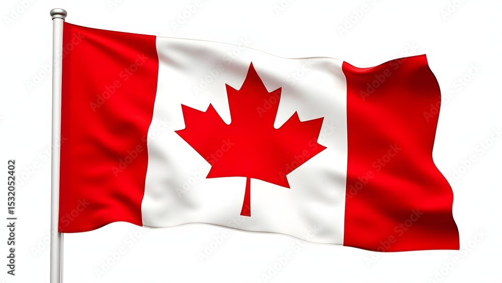 Photorealistic Canadian flag with red maple leaf on a white field between two red vertical bands. Realistic fabric folds and texture. Isolated on white background. Photorealistic Canadian flag with red maple leaf on a white field between two red vertical bands. Realistic fabric folds and texture. Isolated on white background.