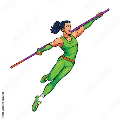 Colorful vector illustration of a pole vaulter soaring over the bar, fully extended body