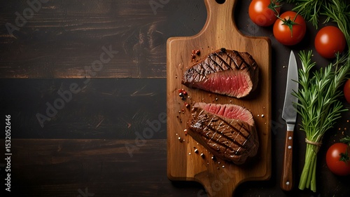 Grilled steak slices on wooden board with herbs and tomatoes