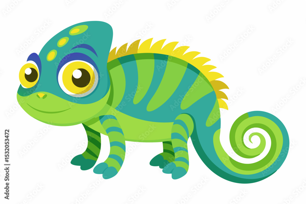 Fototapeta premium Cute cartoon lynx character with big green eyes and fluffy tail, illustrated in a vibrant and friendly style. Perfect for children's books, educational materials.