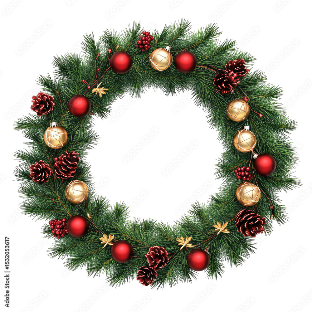 3D Realistic Christmas Wreath. Holiday illustration of a green pine garland with red and gold ball decorations on a white background PNG 3D Realistic Christmas Wreath. Holiday illustration of a green pine garland with red and gold ball decorations on a white background PNG