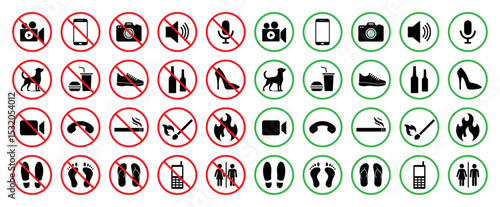 A vector icon set of prohibited and allowed activities with symbols inside red and green circles. Includes icons for camera, phone, smoking, shoes, pets, and more. Isolated on white background.
