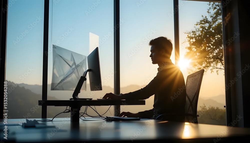 Fototapeta premium Remote work lifestyle man working on computer at home office with beautiful sunrise view