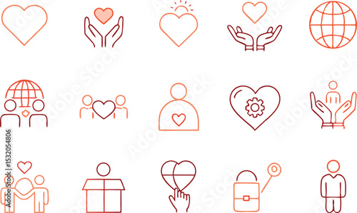 Line Art Icons with Hearts, People, Globe, Hand on a Transparent Background