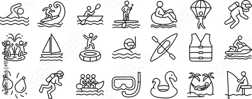 Water Activities Stroke Icon Collection. Including Swimming, Rafting, Snorkeling, Diving, and More. Editable Outline Icon Set.