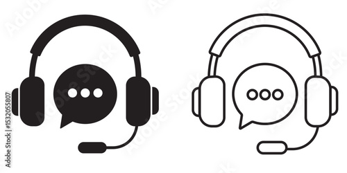 Icon representing communication through headsets with chat bubbles in black and white style
