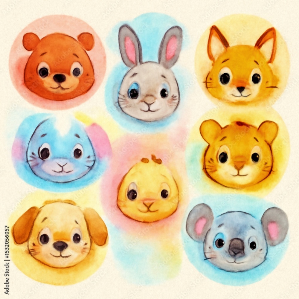 Fototapeta premium Adorable Watercolor set of Animals Portraits image & Animals Portrait Set Stock Illustrations Cute Baby Animal Faces Adorable Watercolor Illustrations for Kids Nursery Art Gentle & Sweet.