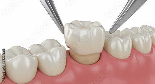 Photorealistic 3D Render of Zirconium Dental Crown Placement on Prepared Tooth Stump
