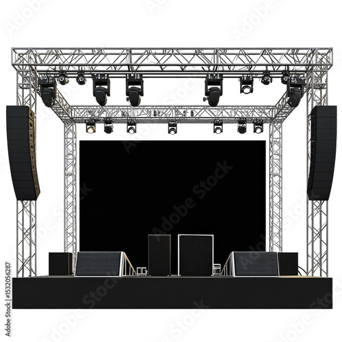 A large outdoor stage with a sound system and lighting trusses, isolated on a white background. Detailed, PNG image.
