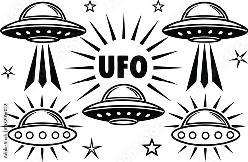 Five retro ufos with stars and rays